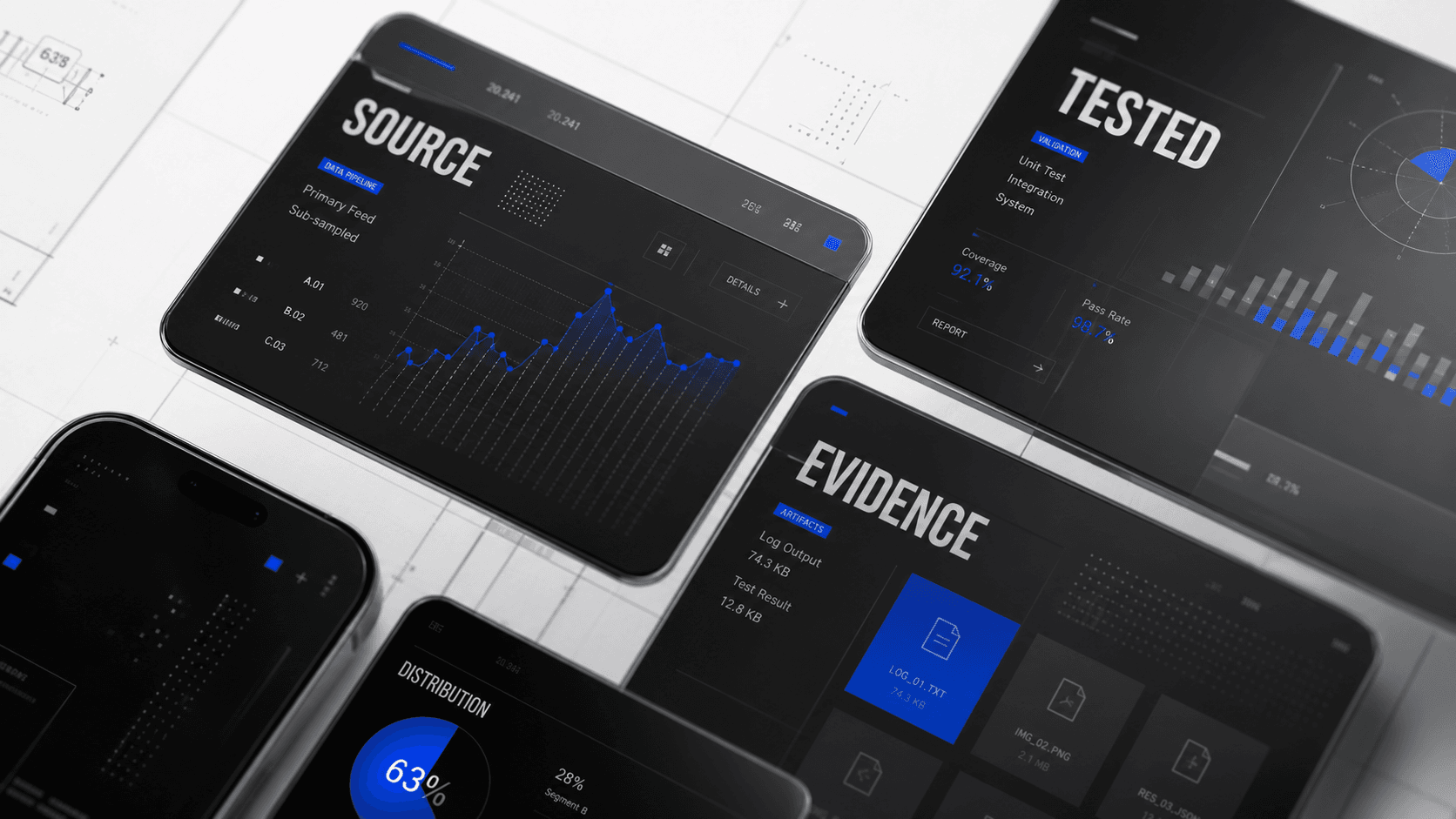 Source, test, and evidence screens used to assess an AI design company workflow