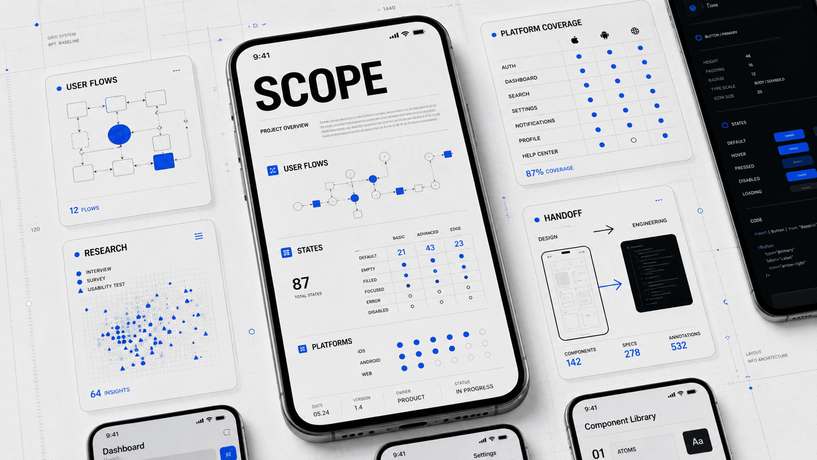Mobile app design scope across user flows, states, research, platforms, and engineering handoff
