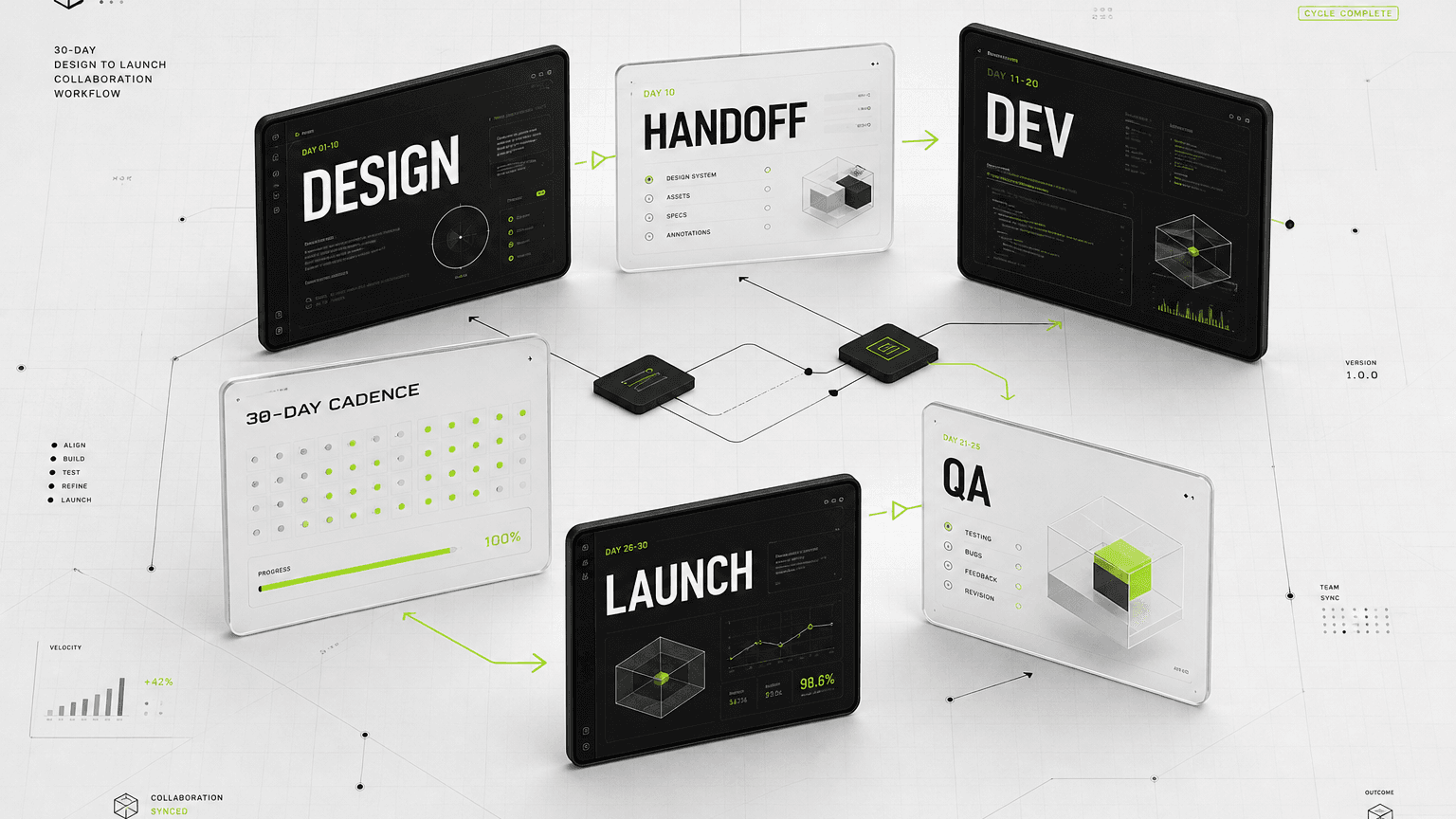 Thirty-day UX retainer cadence from backlog planning through prototype, production UI, and release QA