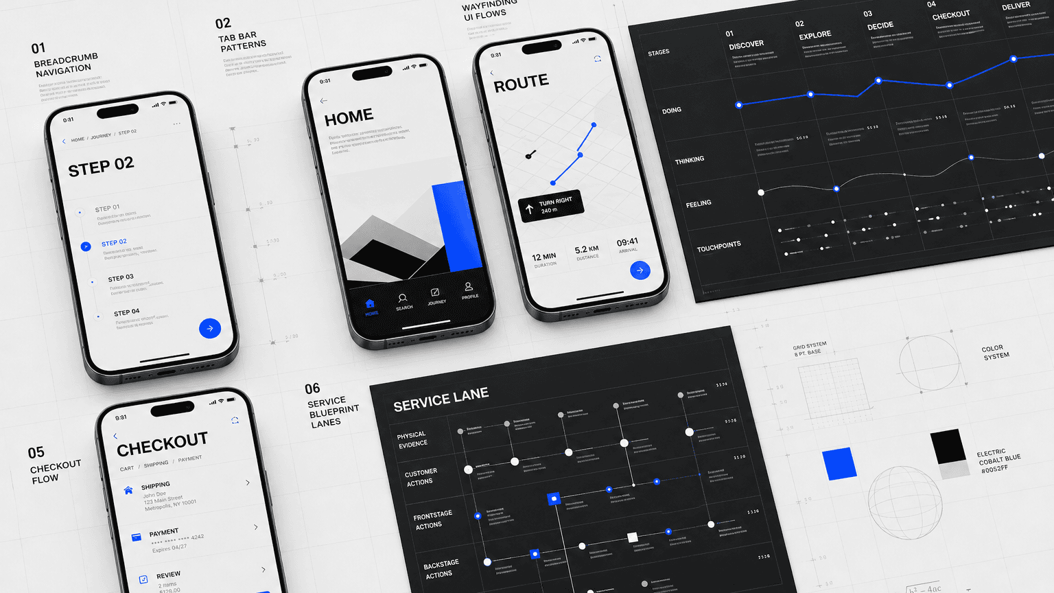 Digital experience workstreams mapping wayfinding, journey stages, and service blueprint lanes