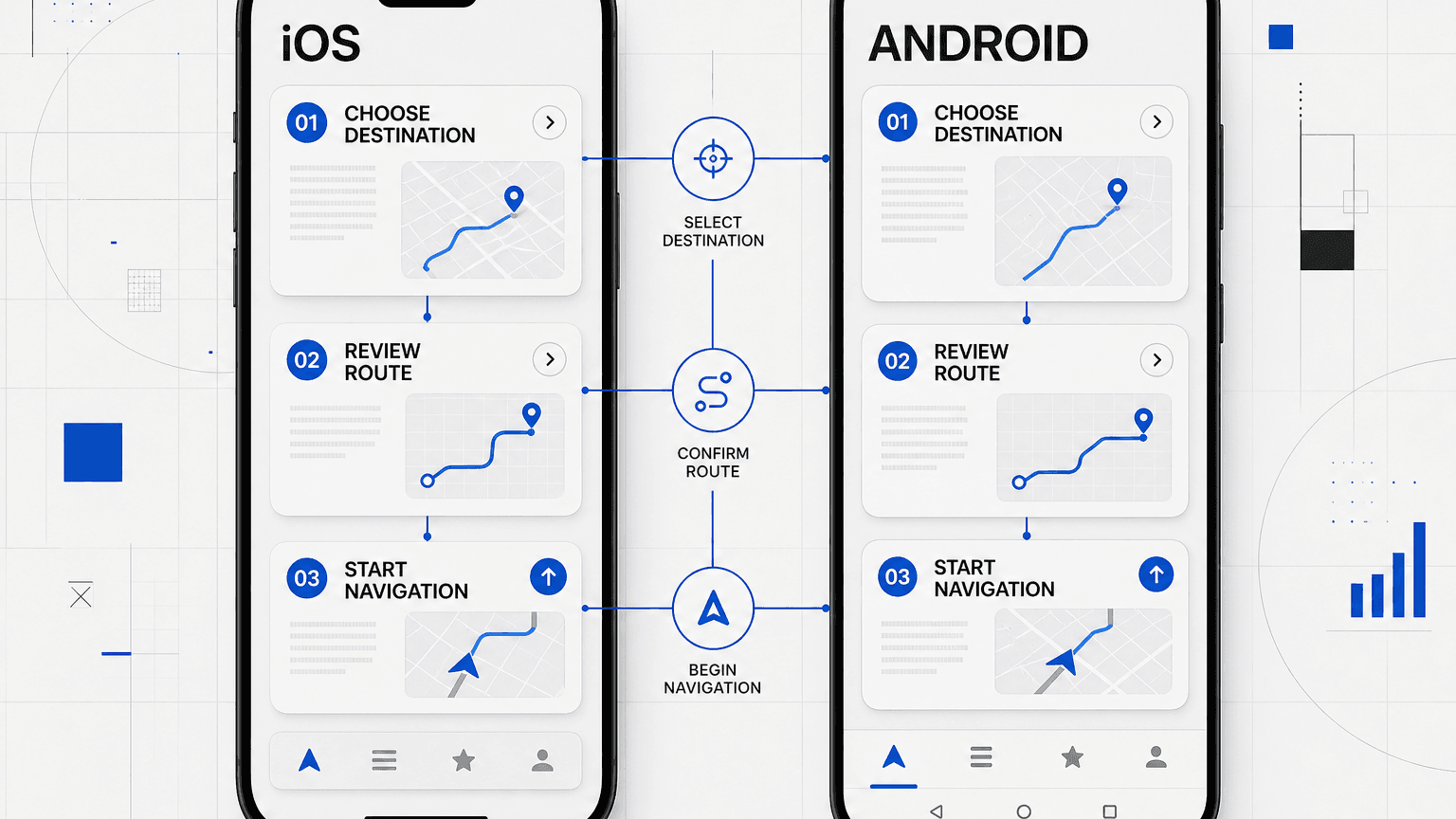 iOS and Android app flows sharing product logic with platform-specific navigation patterns