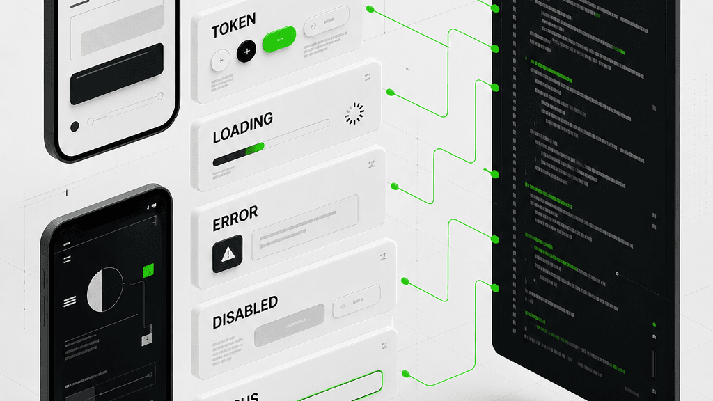 Mobile app design system with tokens, components, interaction states, and engineering references