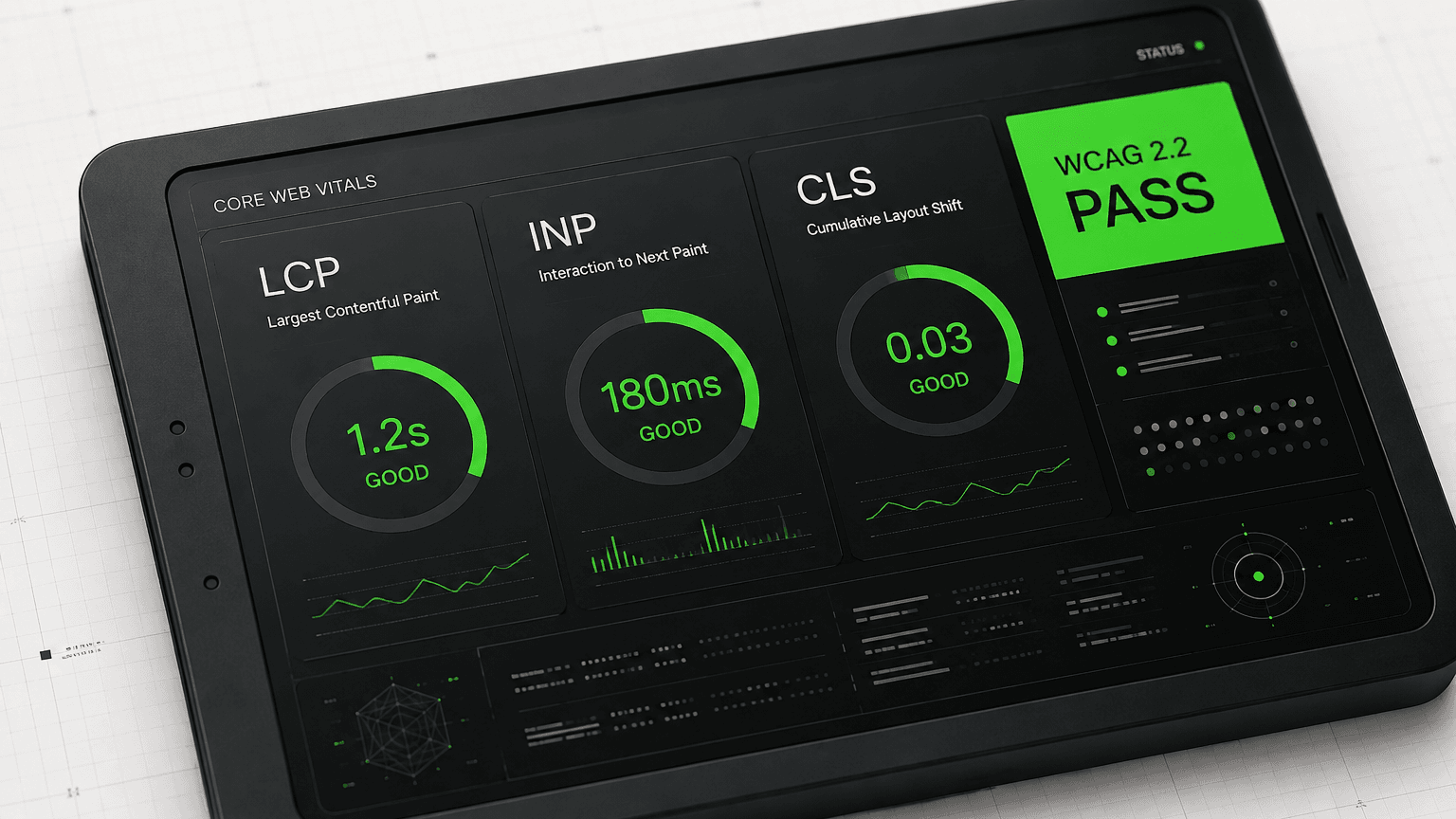 Landing page performance checks for LCP, INP, CLS, and WCAG 2.2 accessibility