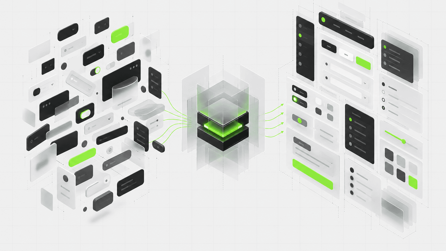 Inconsistent SaaS UI components consolidating into a coherent design system